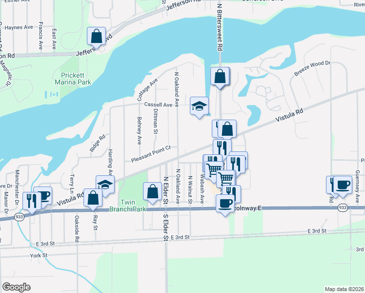 map of restaurants, bars, coffee shops, grocery stores, and more near 424 North Oakland Avenue in Mishawaka