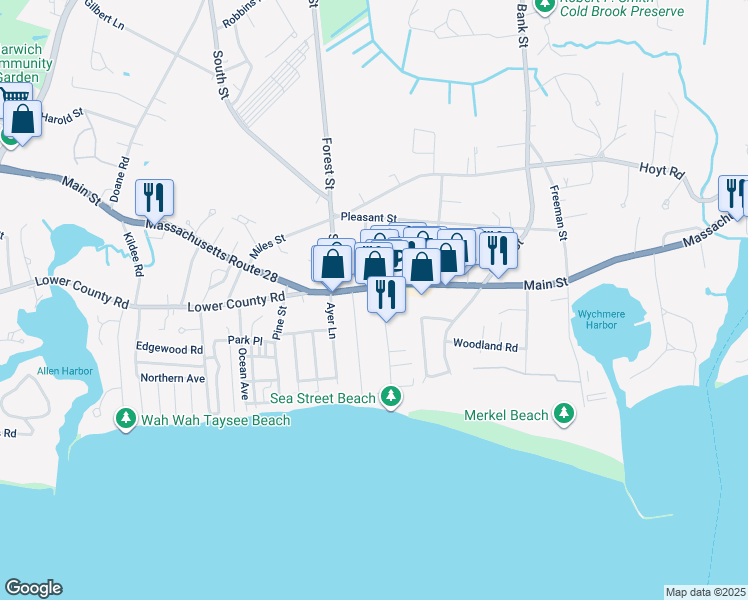 map of restaurants, bars, coffee shops, grocery stores, and more near 40 Sea Street in Harwich