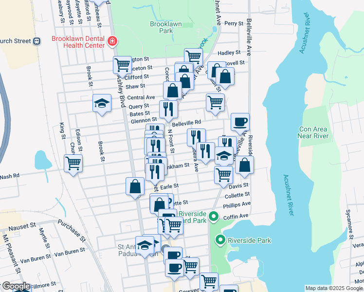 map of restaurants, bars, coffee shops, grocery stores, and more near 115 Nash Road in New Bedford