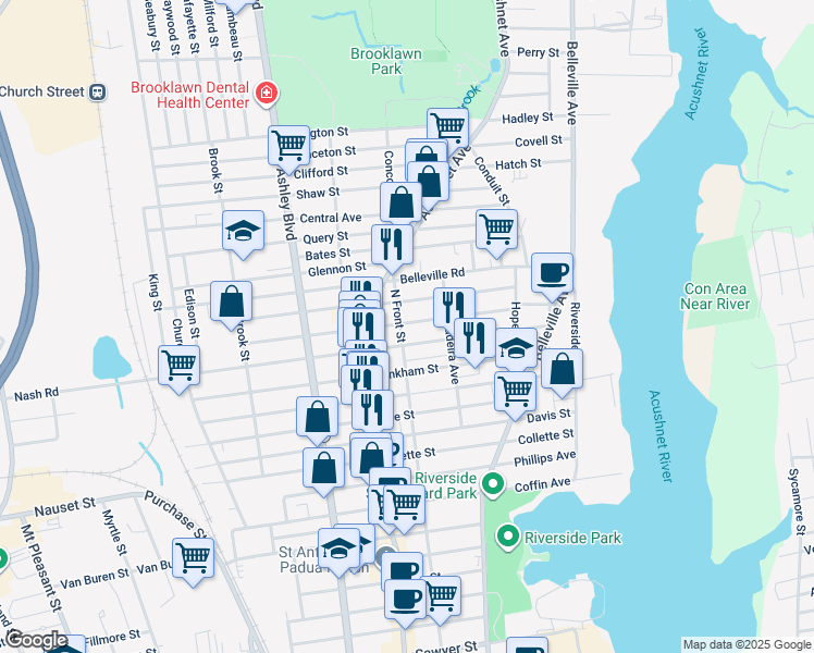 map of restaurants, bars, coffee shops, grocery stores, and more near 523 North Front Street in New Bedford