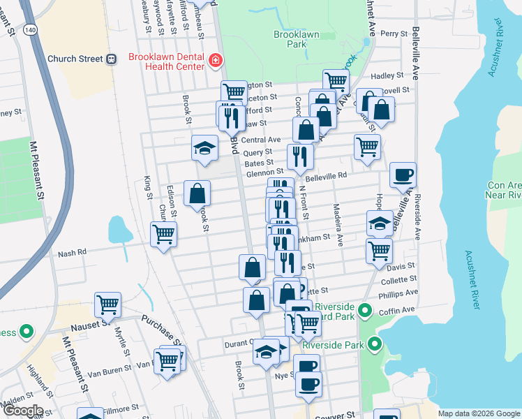 map of restaurants, bars, coffee shops, grocery stores, and more near 214 Whitman Street in New Bedford