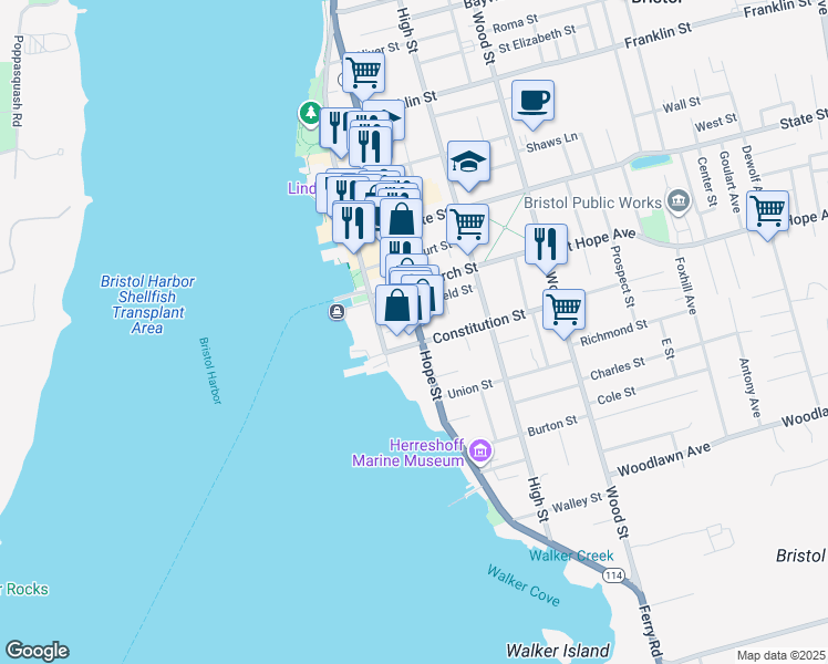 map of restaurants, bars, coffee shops, grocery stores, and more near 265 Hope Street in Bristol