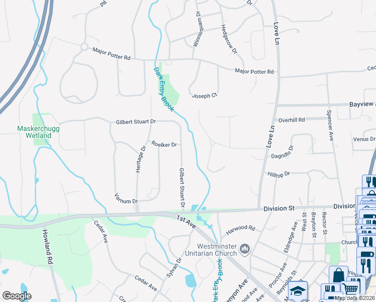 map of restaurants, bars, coffee shops, grocery stores, and more near 45 Gilbert Stuart Drive in East Greenwich