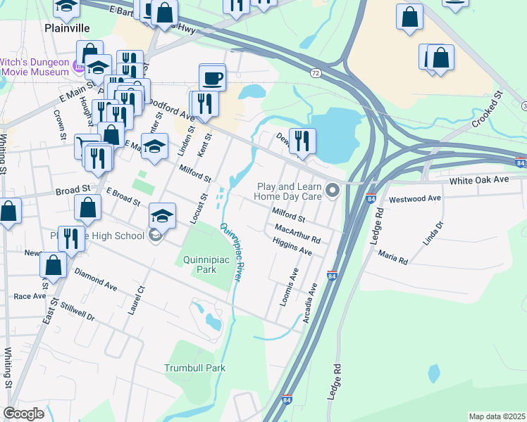 map of restaurants, bars, coffee shops, grocery stores, and more near 91 Dallas Avenue in Plainville