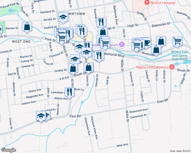 map of restaurants, bars, coffee shops, grocery stores, and more near 31 George Street in Bristol