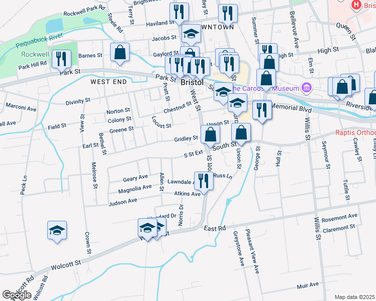 map of restaurants, bars, coffee shops, grocery stores, and more near 45 South Street Extension in Bristol