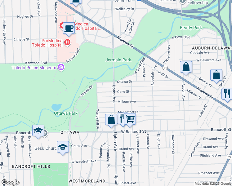 map of restaurants, bars, coffee shops, grocery stores, and more near 2307 Upton Avenue in Toledo