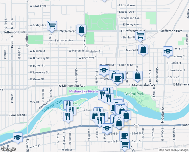 map of restaurants, bars, coffee shops, grocery stores, and more near 319 West Grove Street in Mishawaka