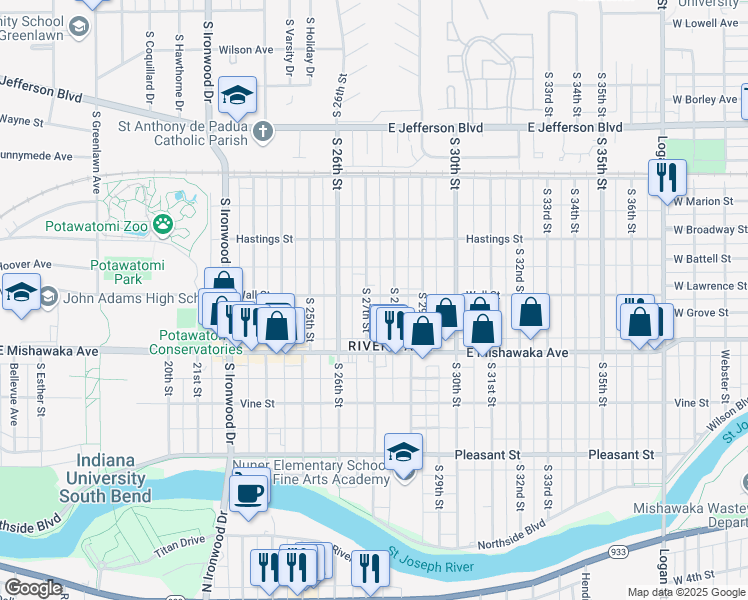 map of restaurants, bars, coffee shops, grocery stores, and more near 817 South 27th Street in South Bend