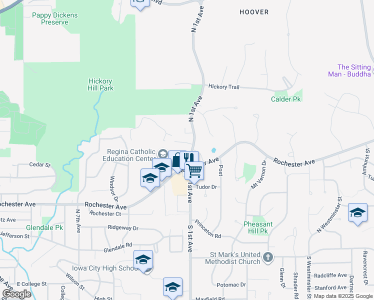 map of restaurants, bars, coffee shops, grocery stores, and more near 2218 Rochester Ave in Iowa City