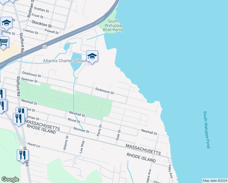 map of restaurants, bars, coffee shops, grocery stores, and more near 777 Dickinson Street in Fall River