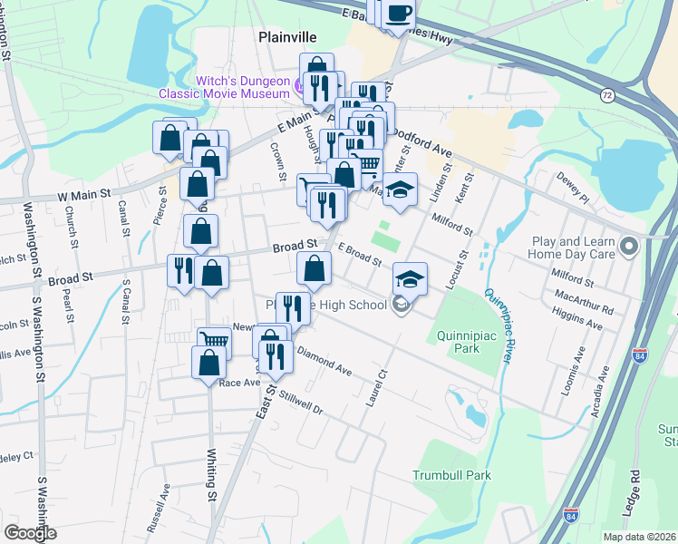 map of restaurants, bars, coffee shops, grocery stores, and more near 18 Cedar Street in Plainville