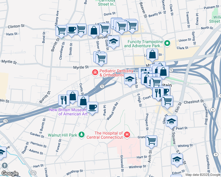 map of restaurants, bars, coffee shops, grocery stores, and more near 17 Russell Street in New Britain