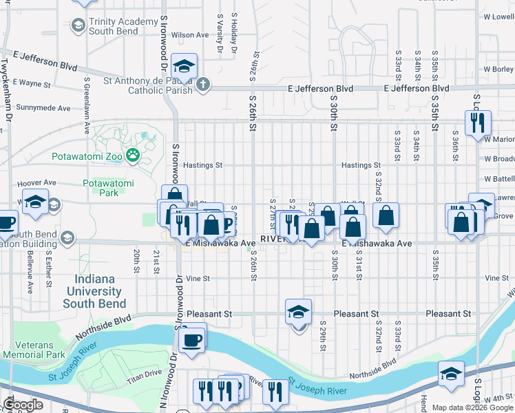 map of restaurants, bars, coffee shops, grocery stores, and more near 817 South 27th Street in South Bend