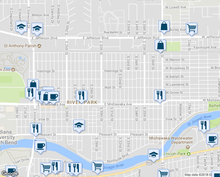 map of restaurants, bars, coffee shops, grocery stores, and more near 803 South 31st Street in South Bend