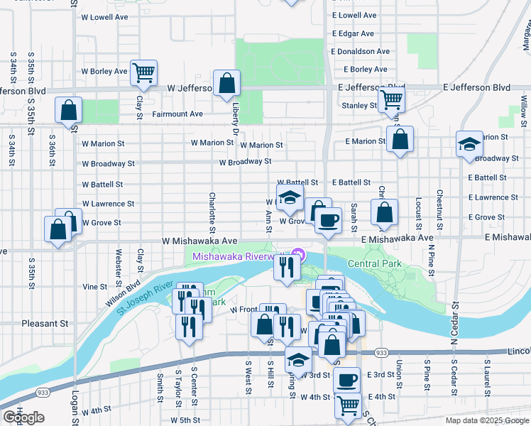 map of restaurants, bars, coffee shops, grocery stores, and more near 709 Ann Street in Mishawaka