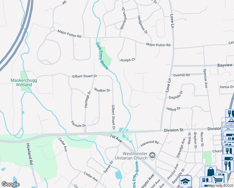 map of restaurants, bars, coffee shops, grocery stores, and more near 45 Gilbert Stuart Drive in East Greenwich