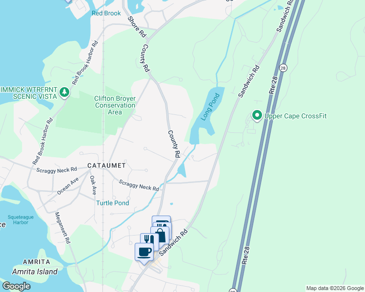 map of restaurants, bars, coffee shops, grocery stores, and more near 1245A County Road in Bourne