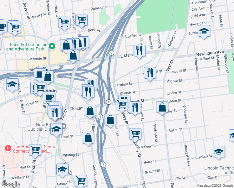 map of restaurants, bars, coffee shops, grocery stores, and more near Stanley Street & Church Street in New Britain