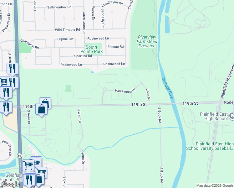 map of restaurants, bars, coffee shops, grocery stores, and more near 23606 West 119th Street in Plainfield