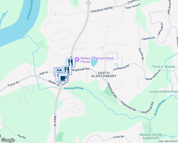 map of restaurants, bars, coffee shops, grocery stores, and more near 22 Glazier Drive in Glastonbury