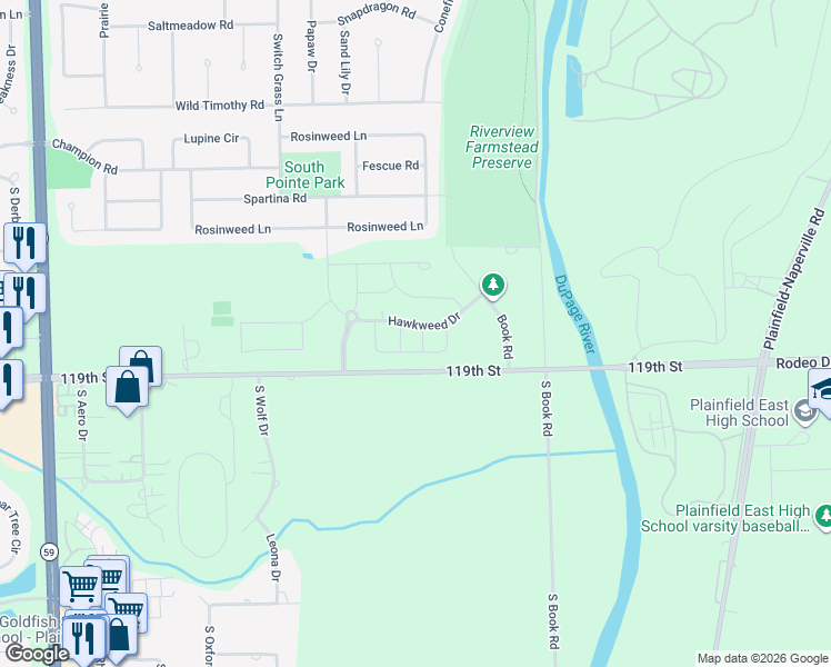 map of restaurants, bars, coffee shops, grocery stores, and more near 5933 Hawkweed Drive in Naperville