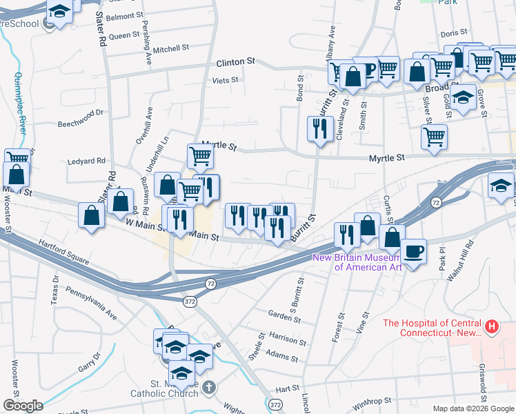 map of restaurants, bars, coffee shops, grocery stores, and more near 19 Ridgewood Street in New Britain