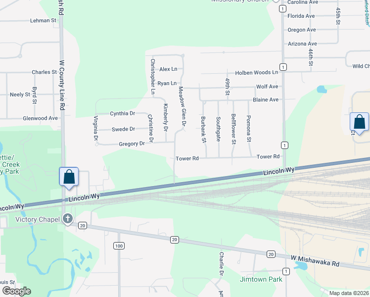 map of restaurants, bars, coffee shops, grocery stores, and more near 30441 Tower Rd in Elkhart