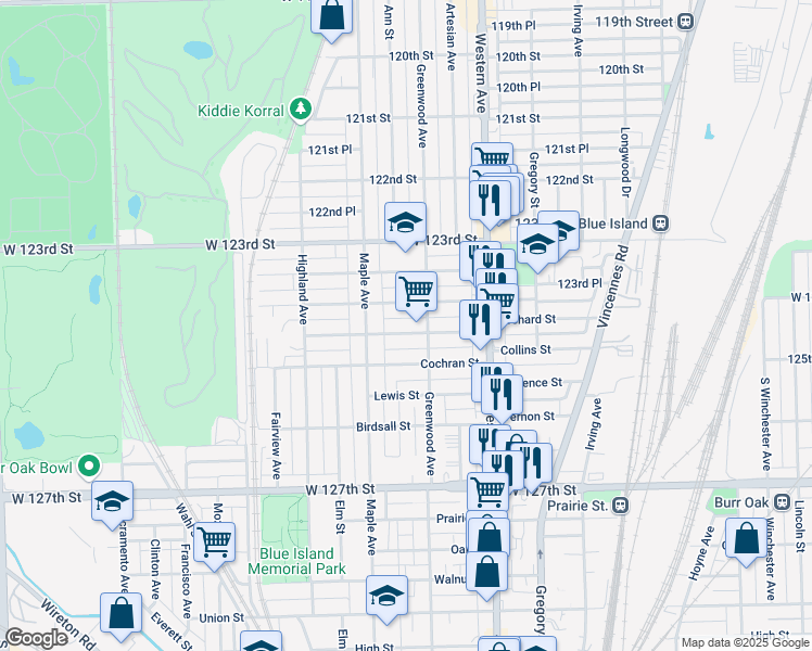 map of restaurants, bars, coffee shops, grocery stores, and more near 2529 Collins Street in Blue Island
