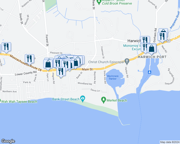 map of restaurants, bars, coffee shops, grocery stores, and more near 28 Bayview Road in Harwich