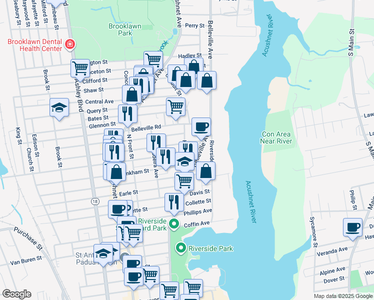 map of restaurants, bars, coffee shops, grocery stores, and more near 55 Hope Street in New Bedford