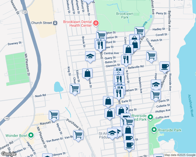 map of restaurants, bars, coffee shops, grocery stores, and more near 248 Whitman Street in New Bedford
