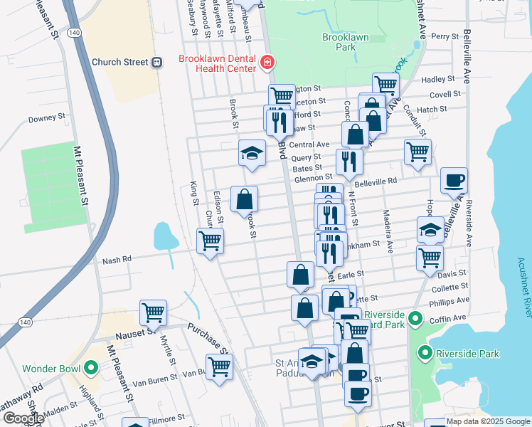 map of restaurants, bars, coffee shops, grocery stores, and more near 248 Whitman Street in New Bedford