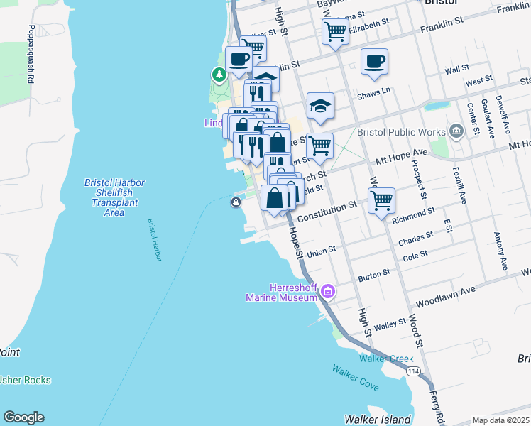 map of restaurants, bars, coffee shops, grocery stores, and more near 125 Thames Street in Bristol