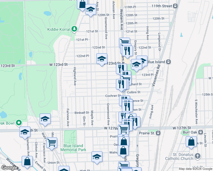 map of restaurants, bars, coffee shops, grocery stores, and more near 2455 Collins Street in Blue Island
