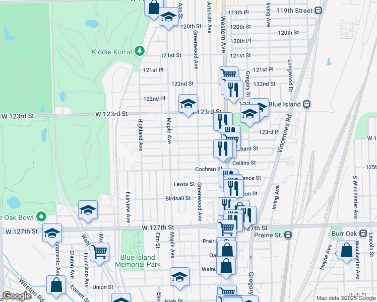 map of restaurants, bars, coffee shops, grocery stores, and more near 2529 Collins Street in Blue Island