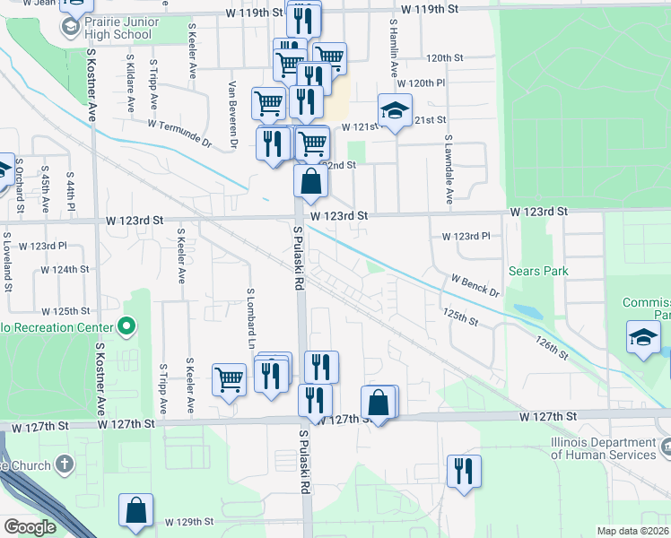 map of restaurants, bars, coffee shops, grocery stores, and more near 3846 West 124th Place in Alsip
