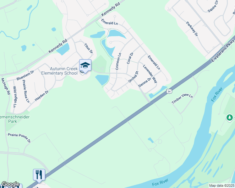 map of restaurants, bars, coffee shops, grocery stores, and more near 1396 Orchid Street in Yorkville