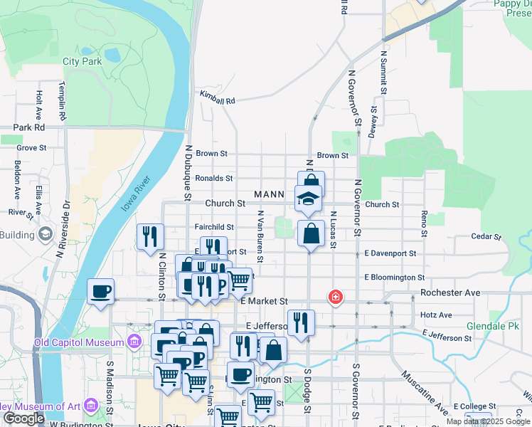 map of restaurants, bars, coffee shops, grocery stores, and more near 502 Fairchild Street in Iowa City