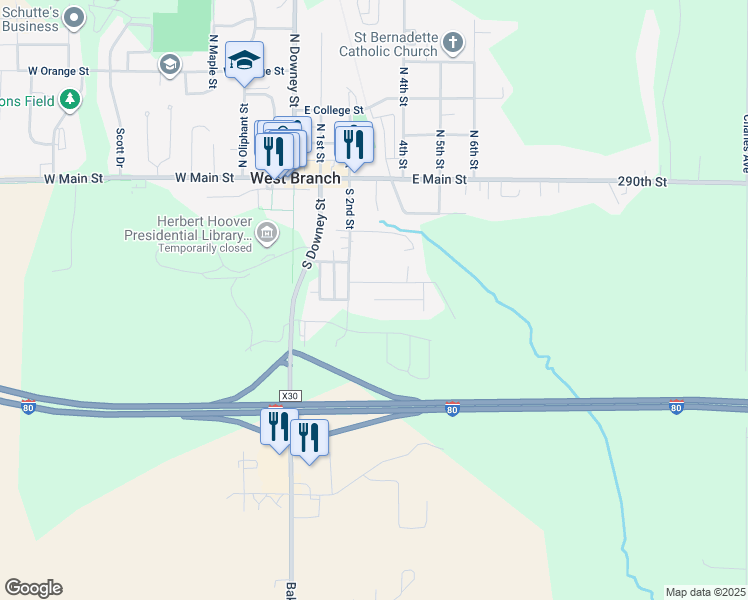 map of restaurants, bars, coffee shops, grocery stores, and more near Cookson Drive in West Branch