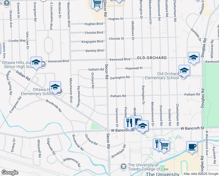 map of restaurants, bars, coffee shops, grocery stores, and more near 2412 Secor Road in Toledo