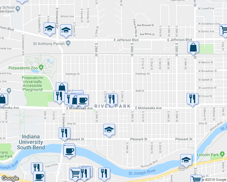 map of restaurants, bars, coffee shops, grocery stores, and more near 2798 Wall Street in South Bend