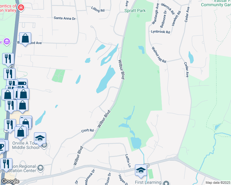 map of restaurants, bars, coffee shops, grocery stores, and more near 186 Wilbur Boulevard in Poughkeepsie