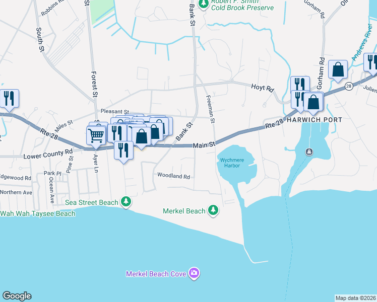 map of restaurants, bars, coffee shops, grocery stores, and more near 28 Bayview Road in Harwich
