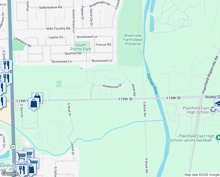 map of restaurants, bars, coffee shops, grocery stores, and more near 23606 West 119th Street in Plainfield
