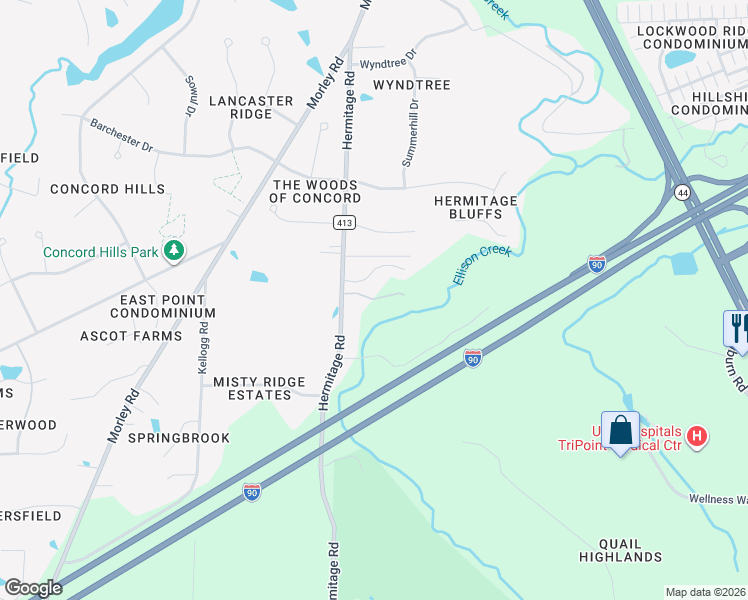 map of restaurants, bars, coffee shops, grocery stores, and more near 7455 Hermitage Road in Painesville