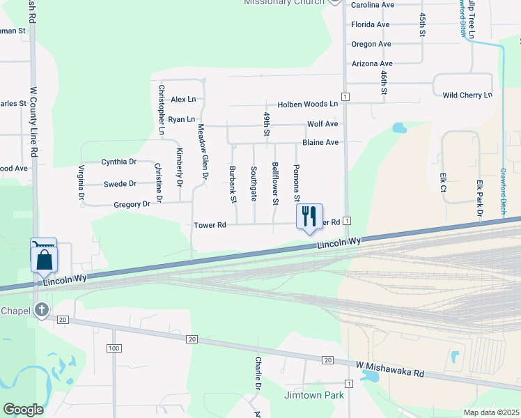 map of restaurants, bars, coffee shops, grocery stores, and more near 56962 Southgate in Elkhart