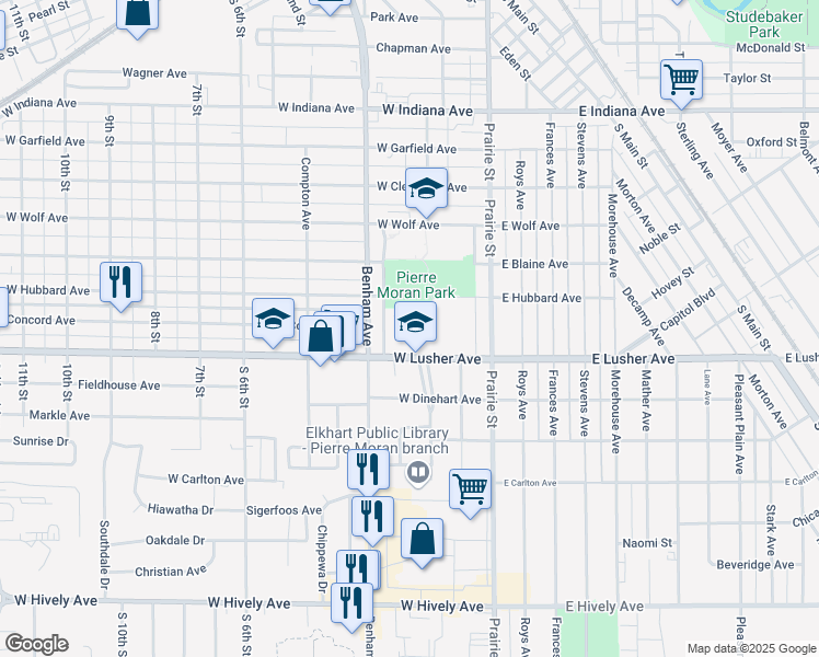 map of restaurants, bars, coffee shops, grocery stores, and more near 200 Lusher Avenue in Elkhart