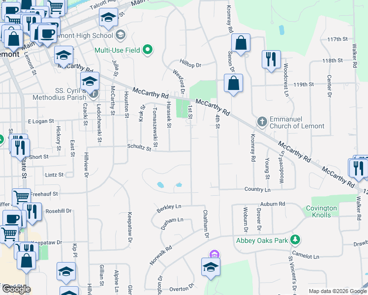 map of restaurants, bars, coffee shops, grocery stores, and more near 609 1st Street in Lemont