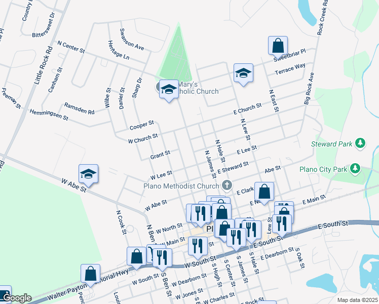 map of restaurants, bars, coffee shops, grocery stores, and more near 3 East Lee Street in Plano